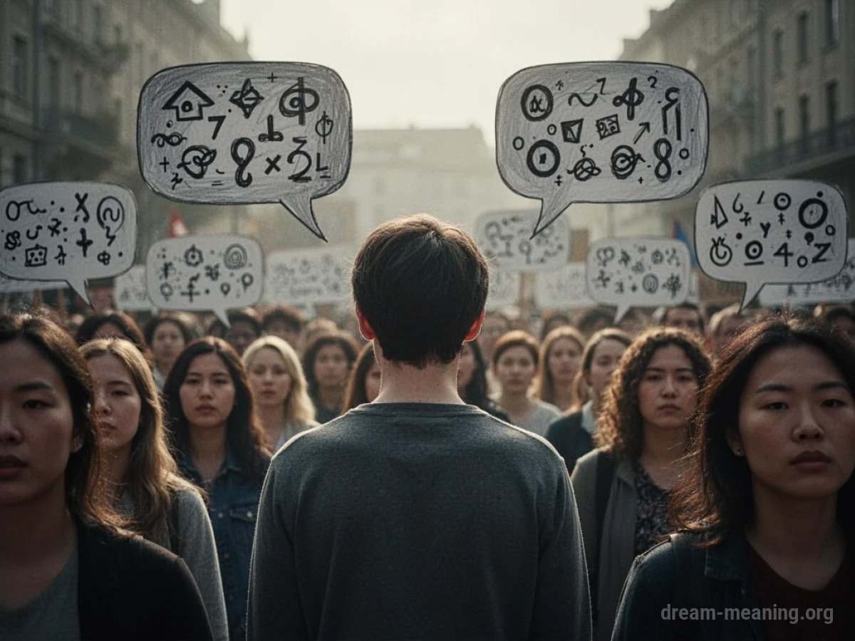 A person in a crowd with unintelligible speech bubbles.