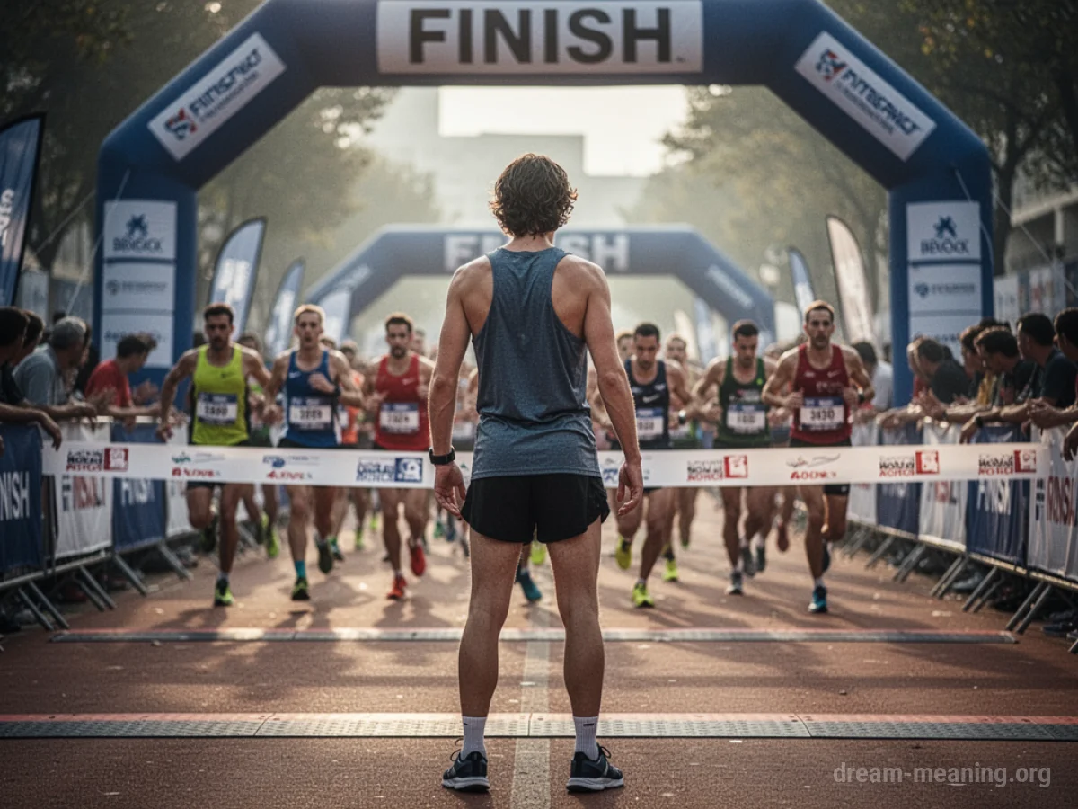 A lone figure at a race finish line, watching others pass.