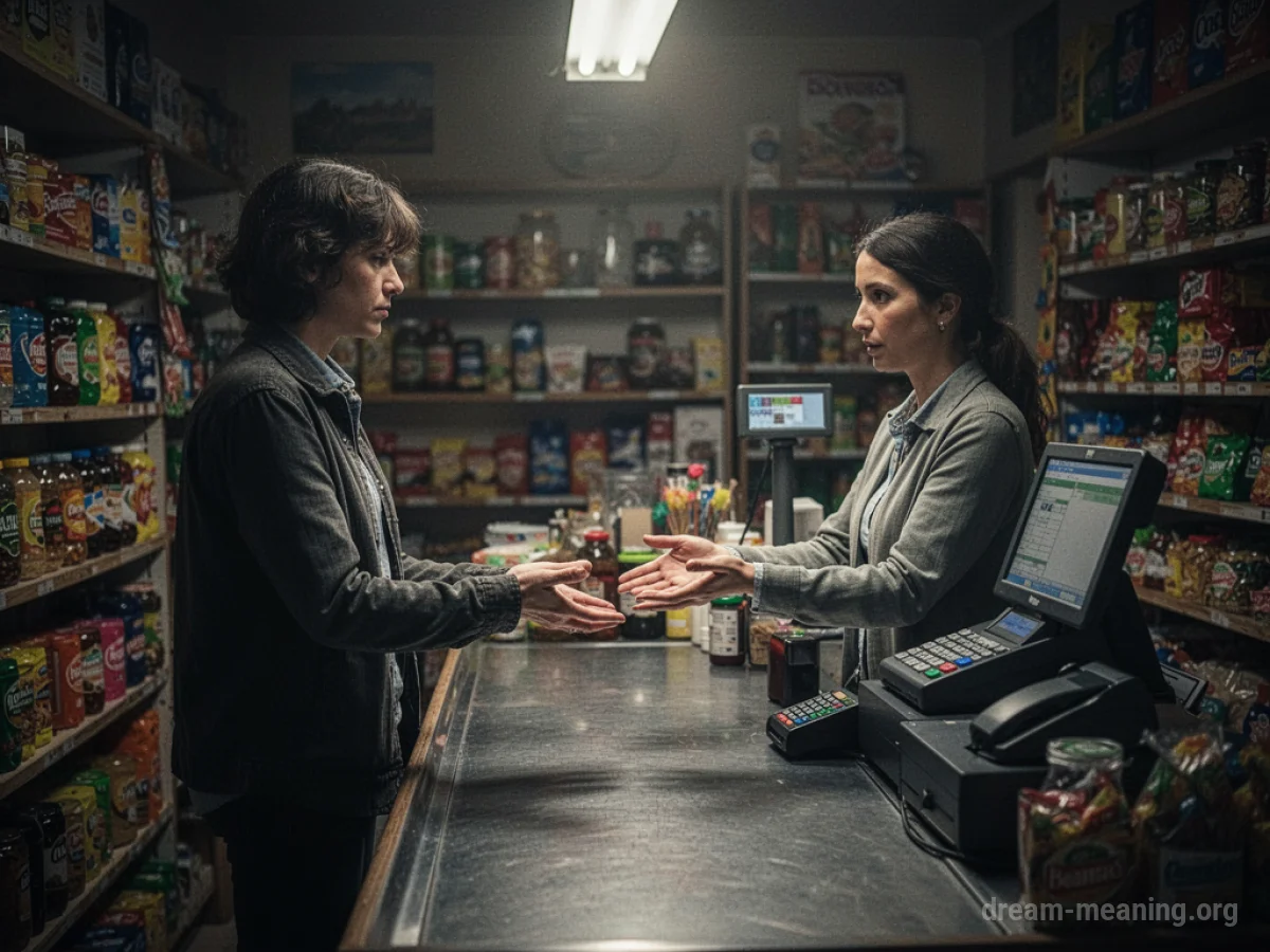 A person at a shop counter with empty hands.
