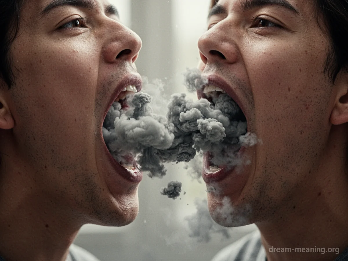 A mouth exhaling a stream of amorphous grey clouds.