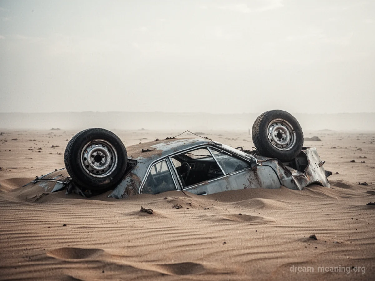 A damaged car tilted on its side with a detached wheel.