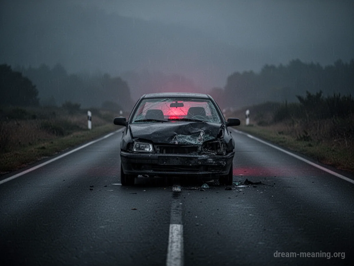 Damaged car on a dark road with a faint red light.