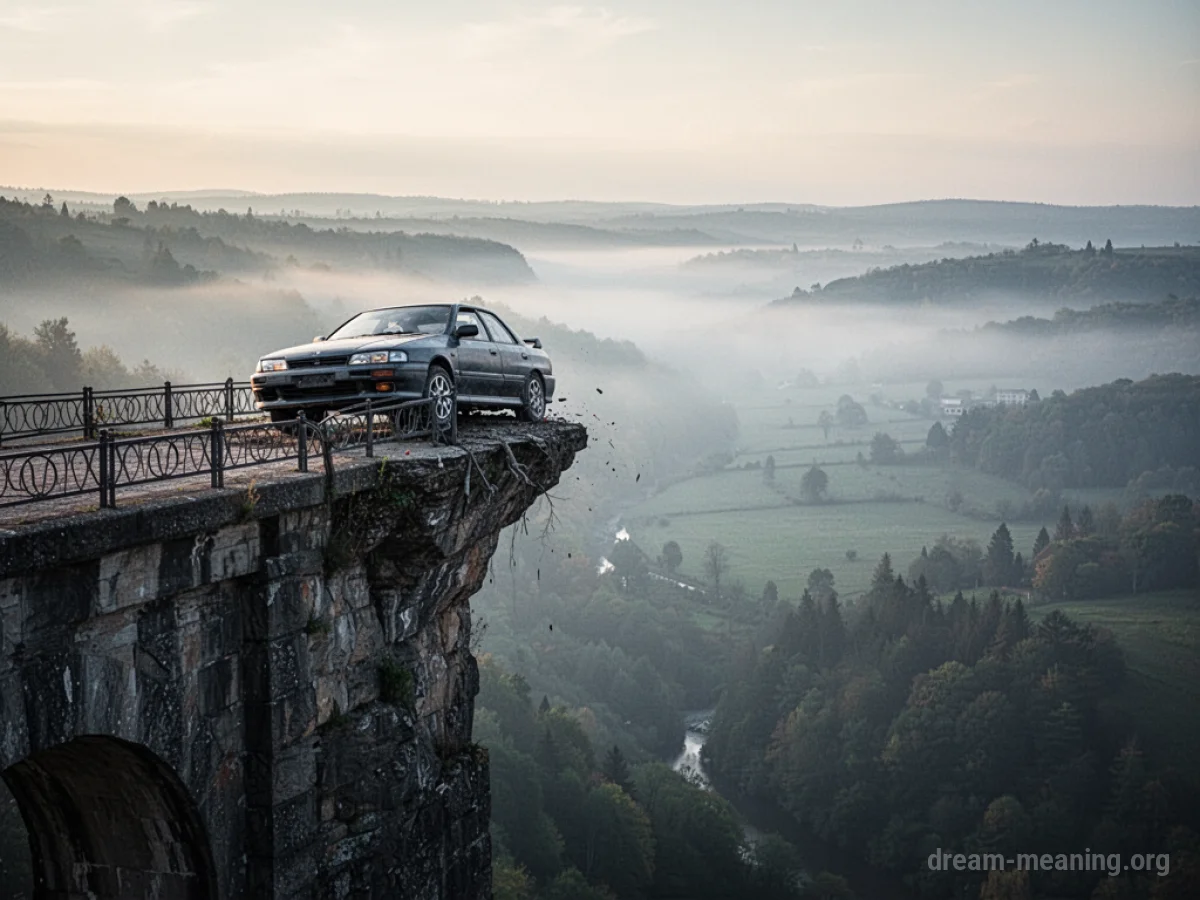 A car halted at the edge of a tall bridge overlooking a misty expanse.