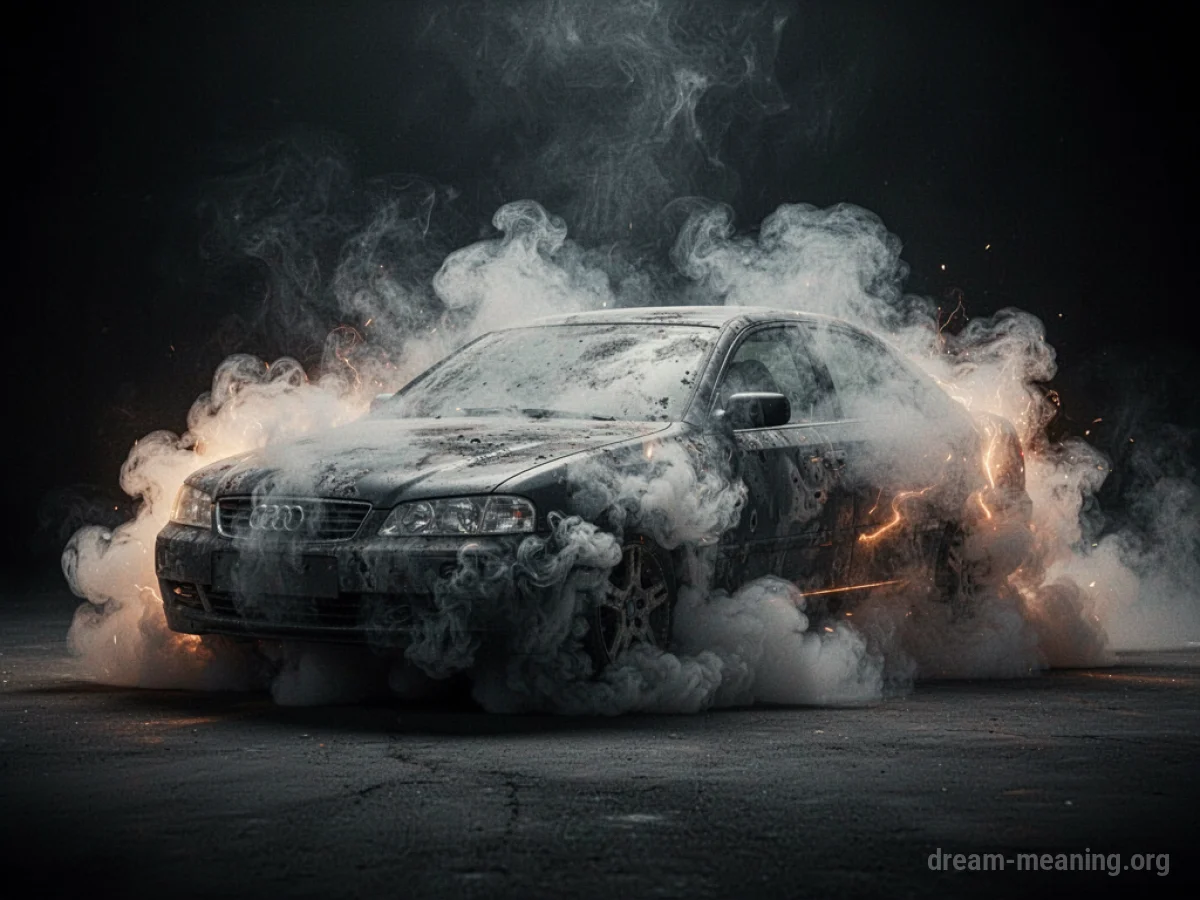 A car silhouette surrounded by a contained burst of smoke and light.