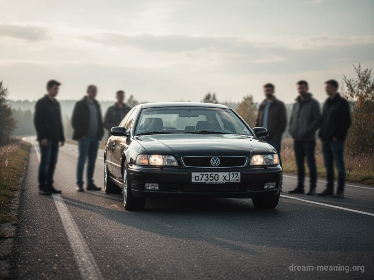 A car stopped on a road with several people standing around it.