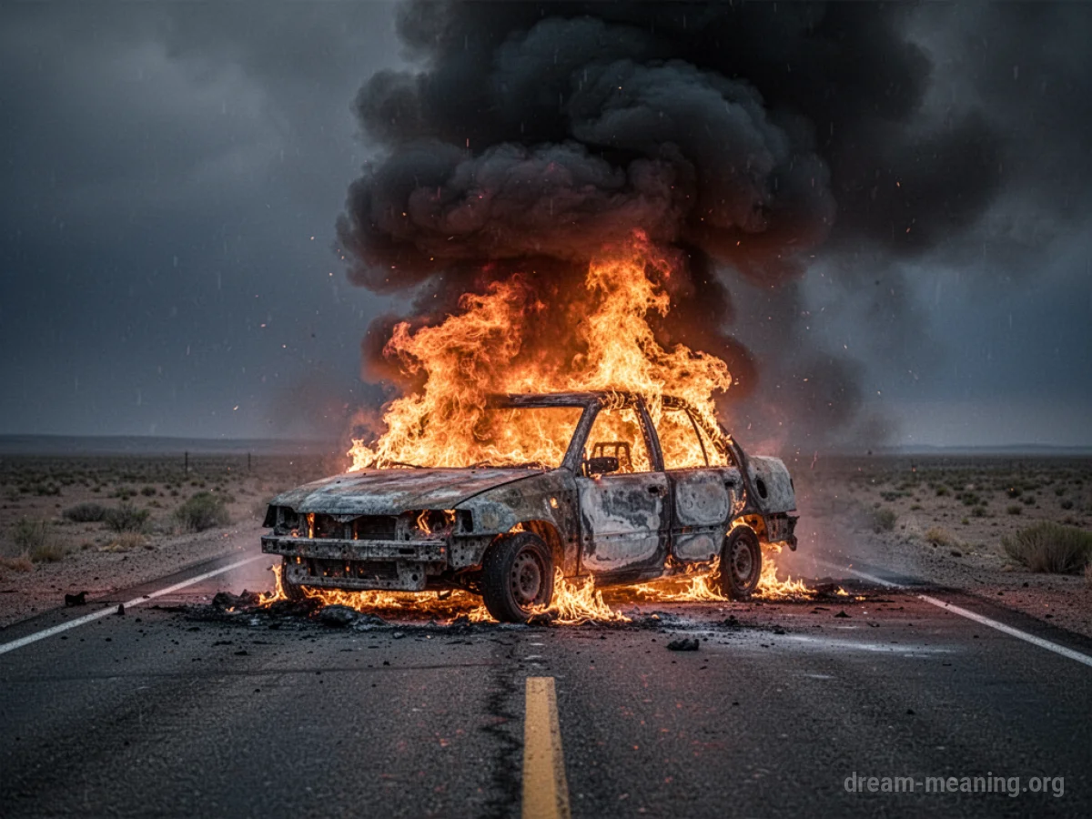 A burning car on a road.