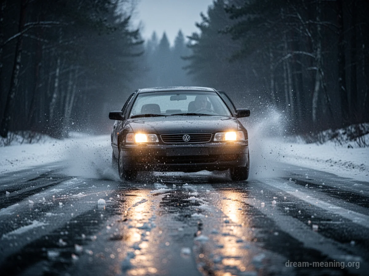 A car skidding on a dark, icy road with blurred trees.