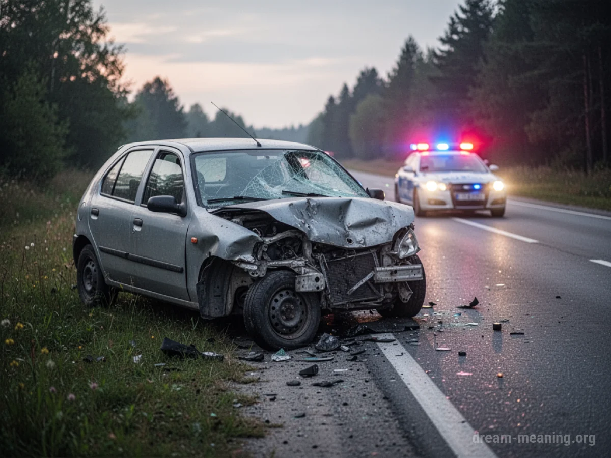 A damaged car on a roadside with flashing police lights in the background.