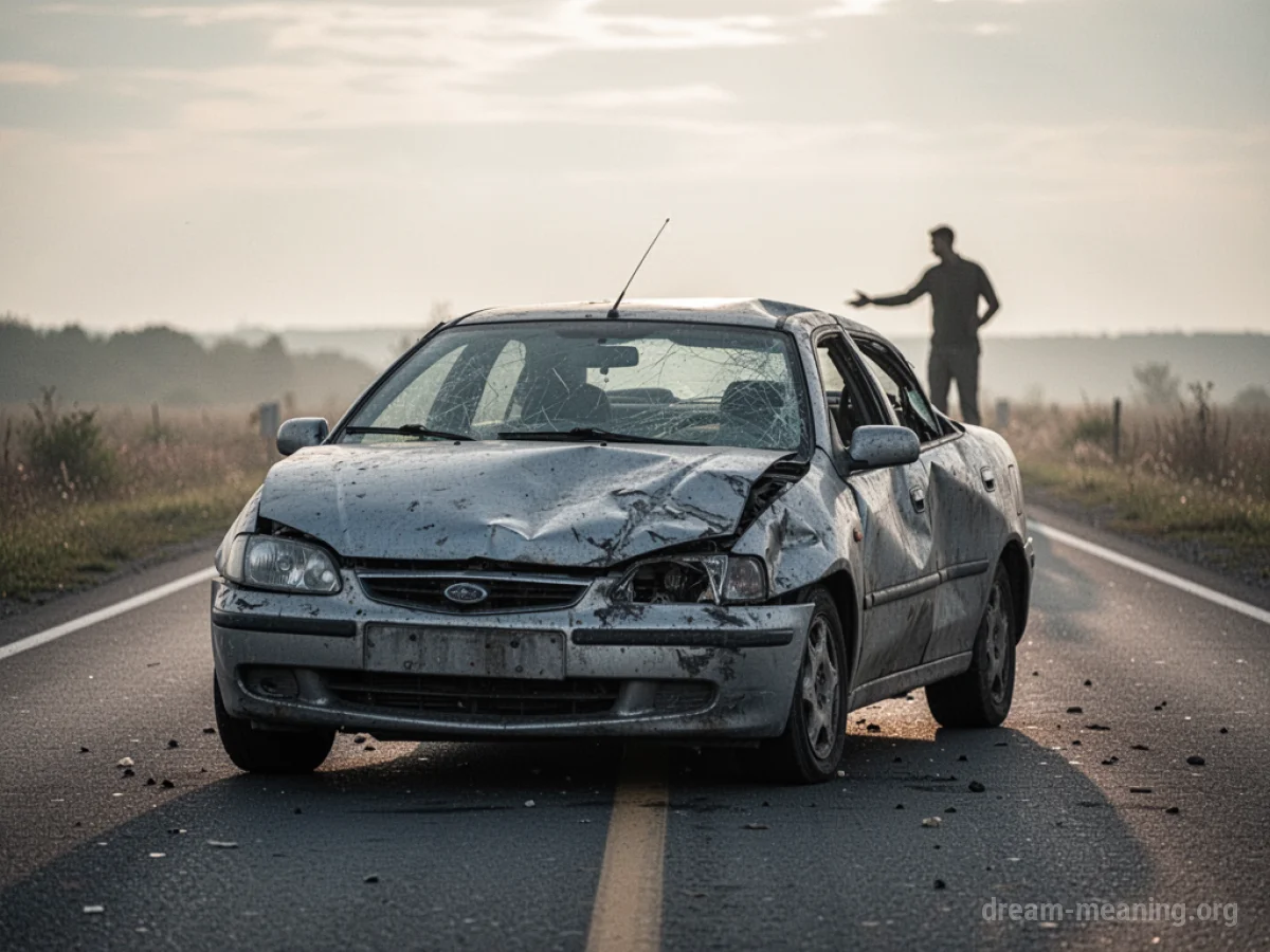 A damaged car on a road with a person in the distance.