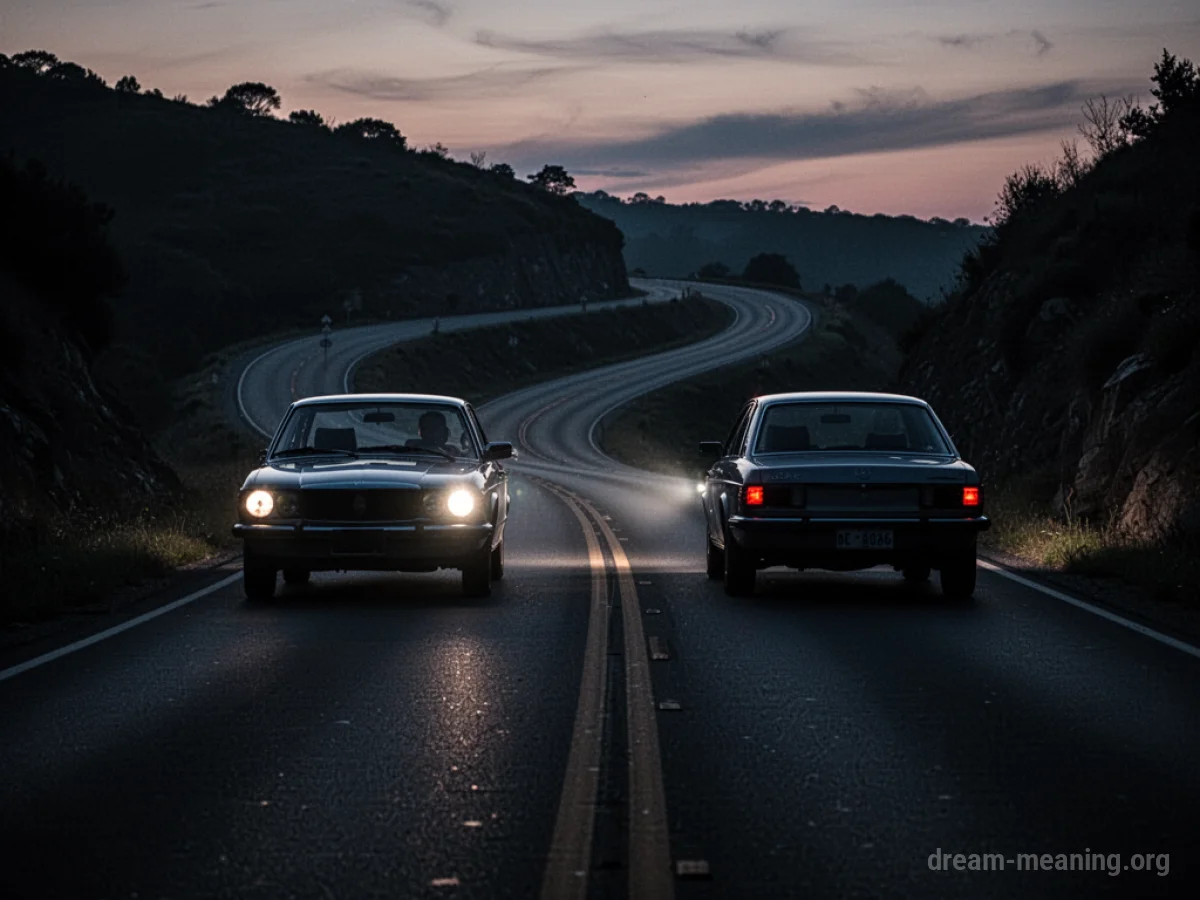 Two car silhouettes on a dark road.