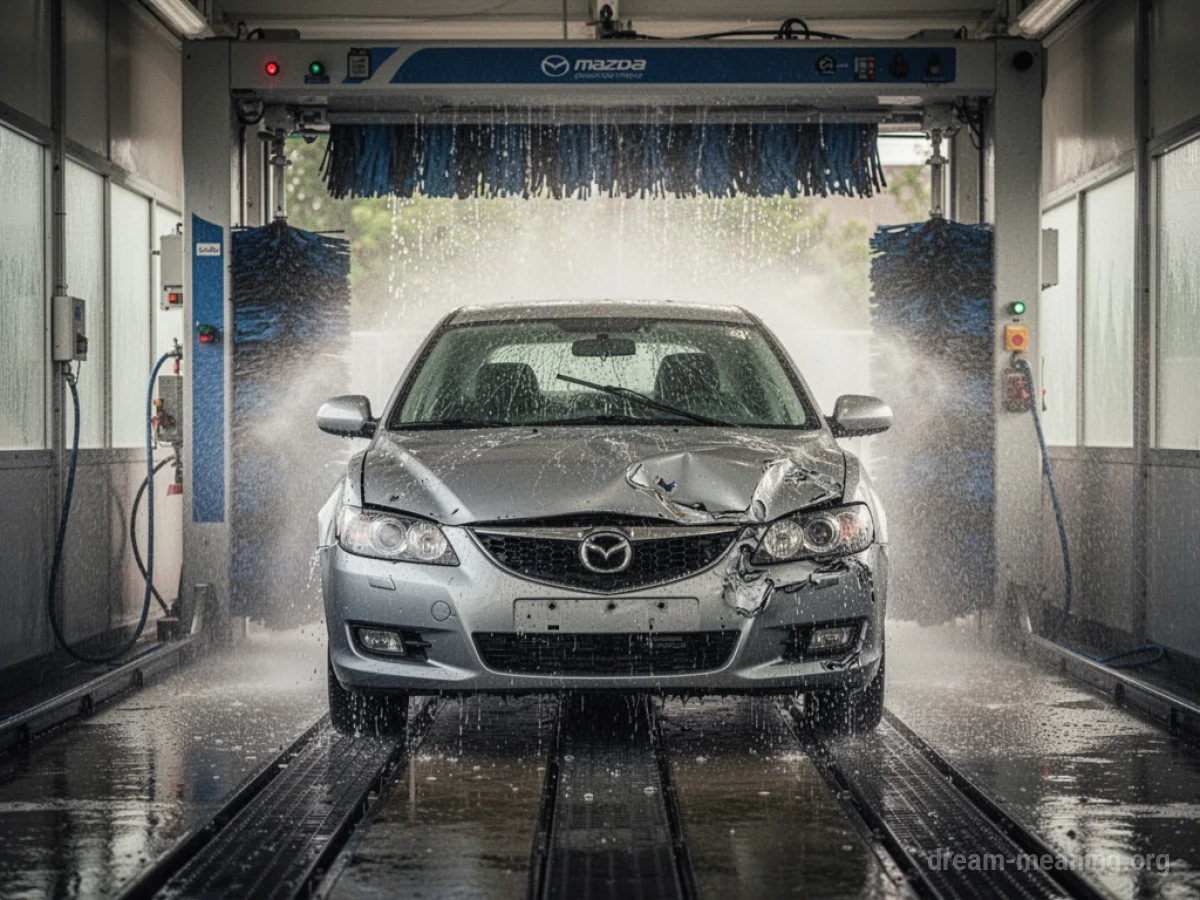 A damaged car being washed.