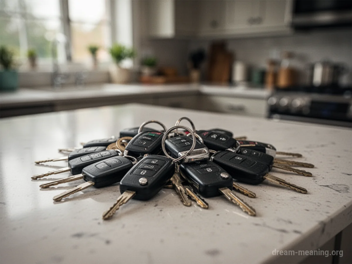 Car keys strewn across a home interior surface.