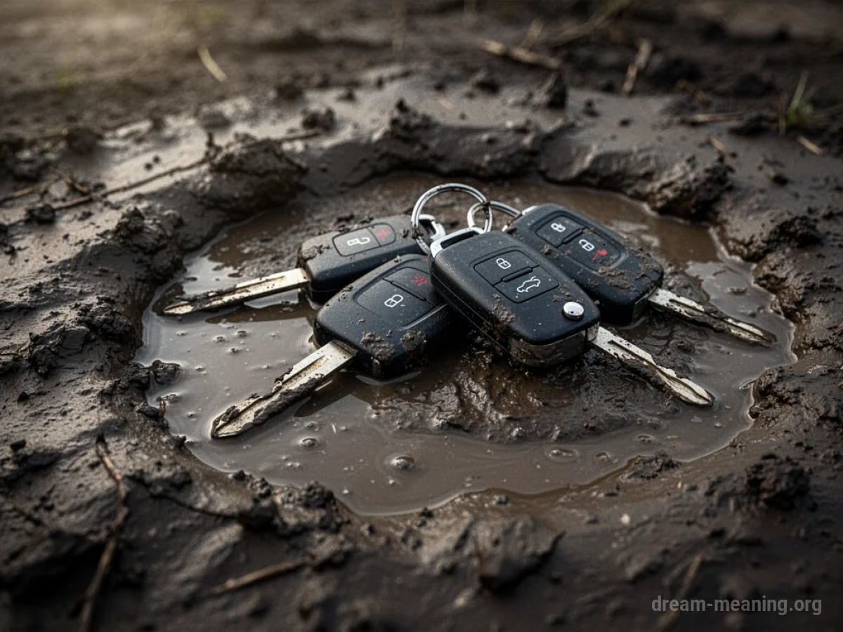 Car keys resting in dark, wet mud.