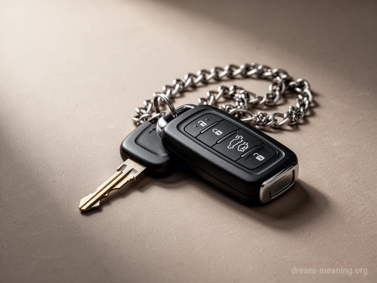 Car keys hanging from a metal chain.