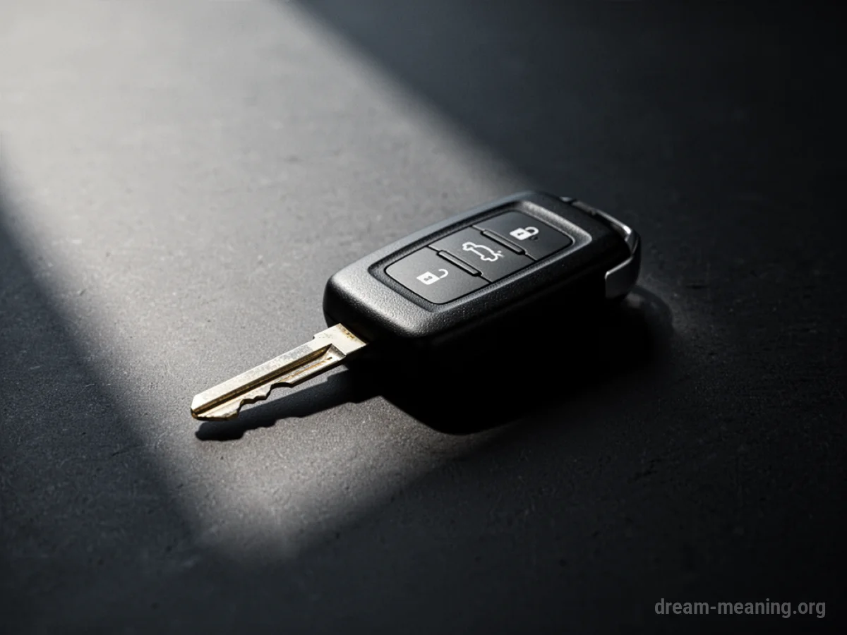 A lone car key on a dark surface with a shadow.