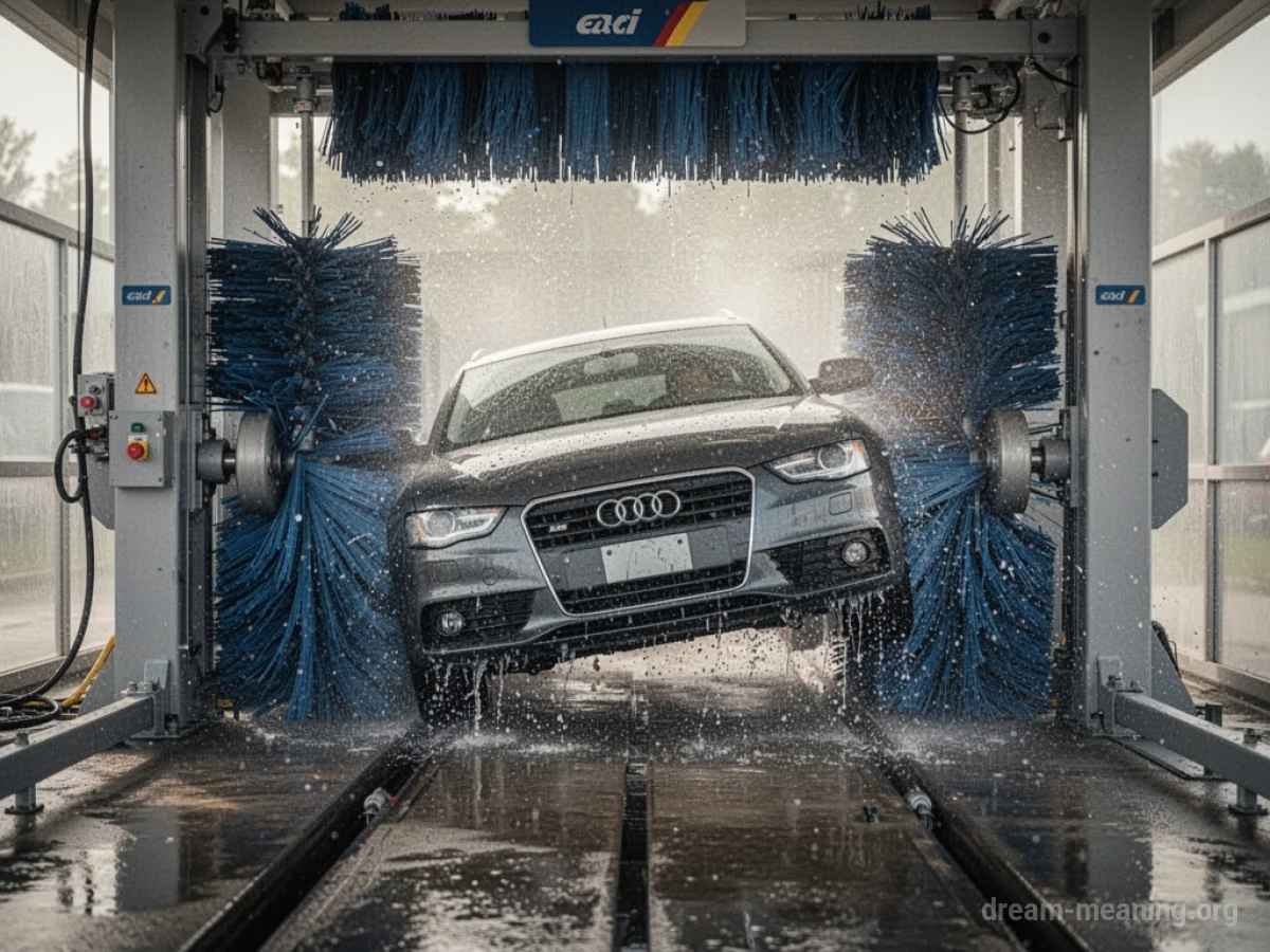 A car trapped inside a car wash with brushes overhead.