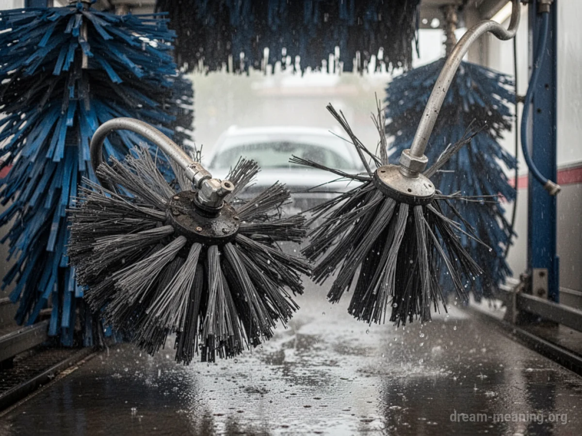 Several large, cylindrical car wash brushes, with some bristles bent and others snapped, in a car wash.