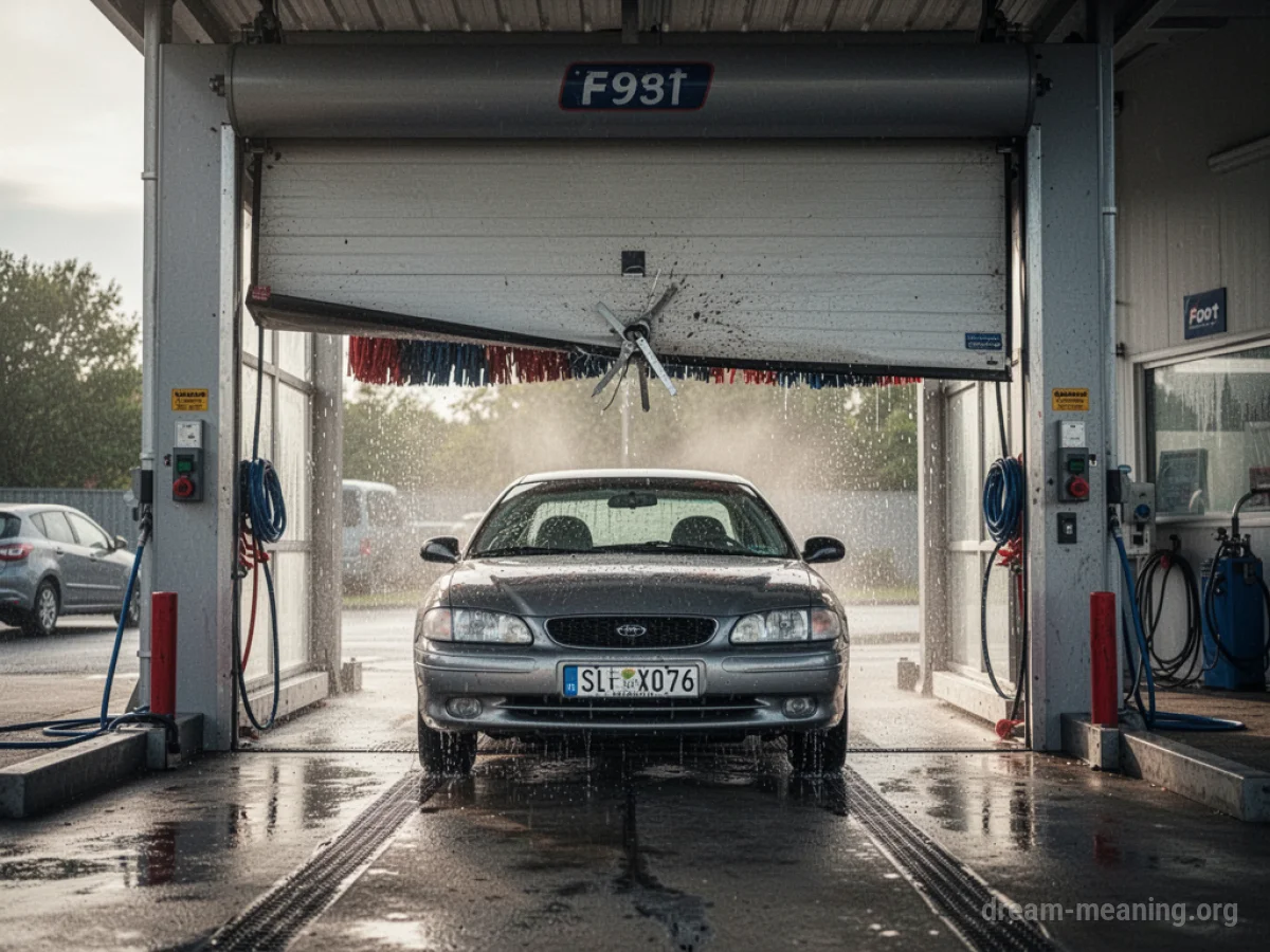 A car waits before a car wash with its entrance door jammed.