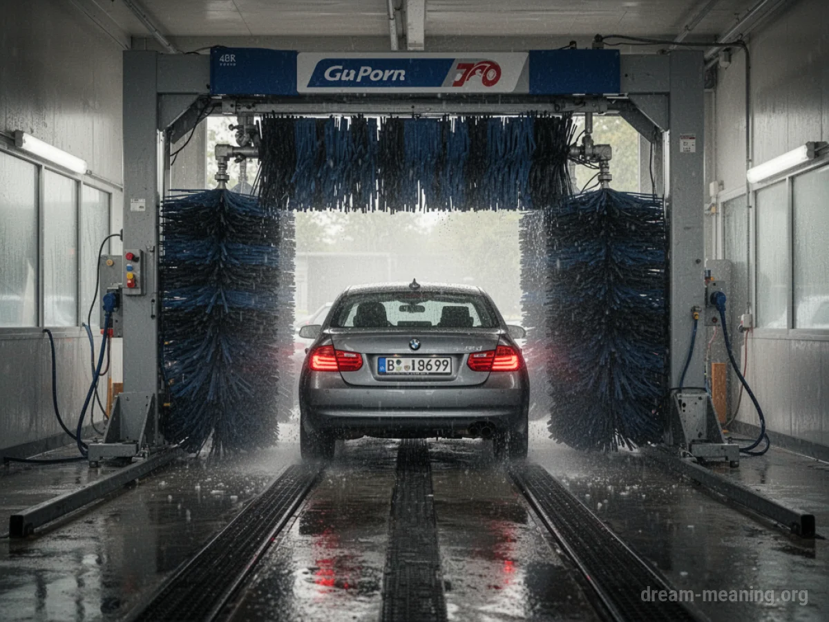 A car moving from a car wash spray into a tunnel.