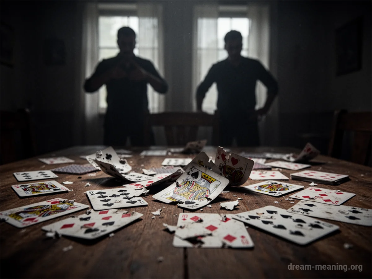 Scattered playing cards on a table in a dimly lit room with two tense silhouettes in the background.