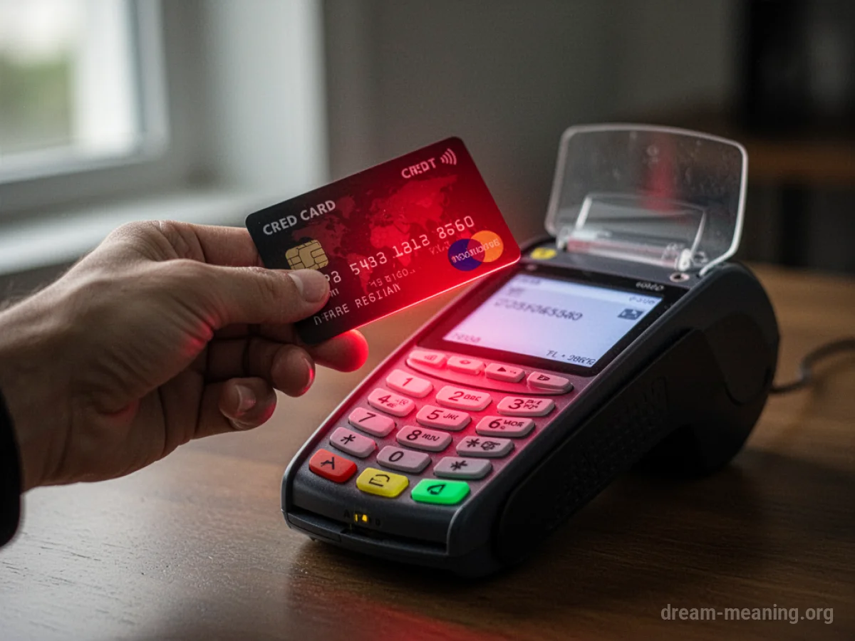A hand holding a credit card in front of a blurred payment terminal.
