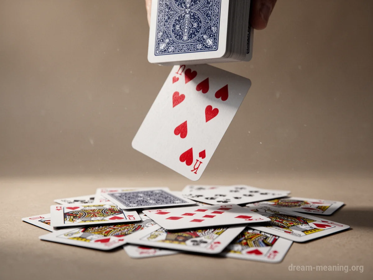 A single playing card descending with a scattering of other cards below.