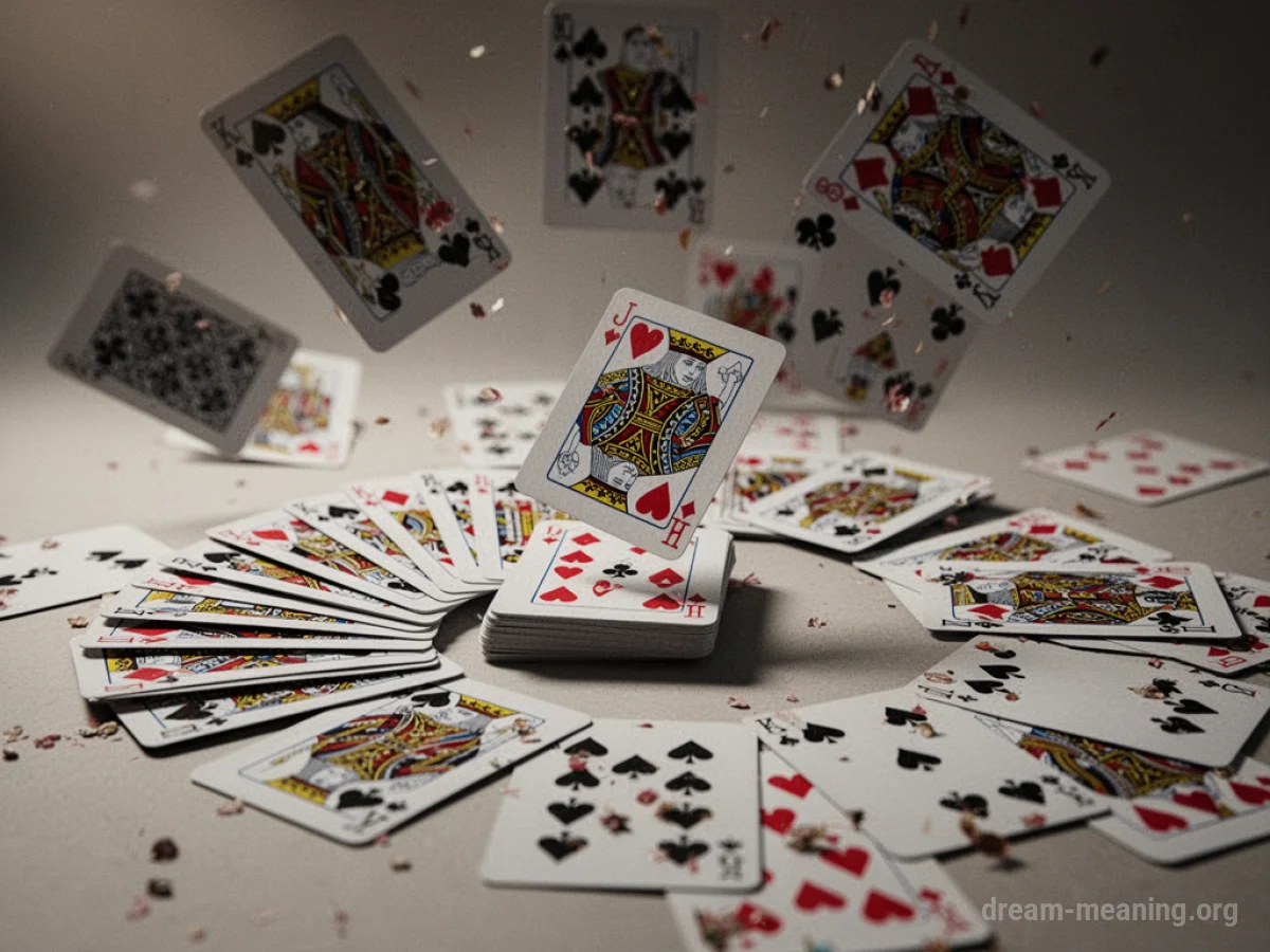 Playing cards scattered on a flat surface.