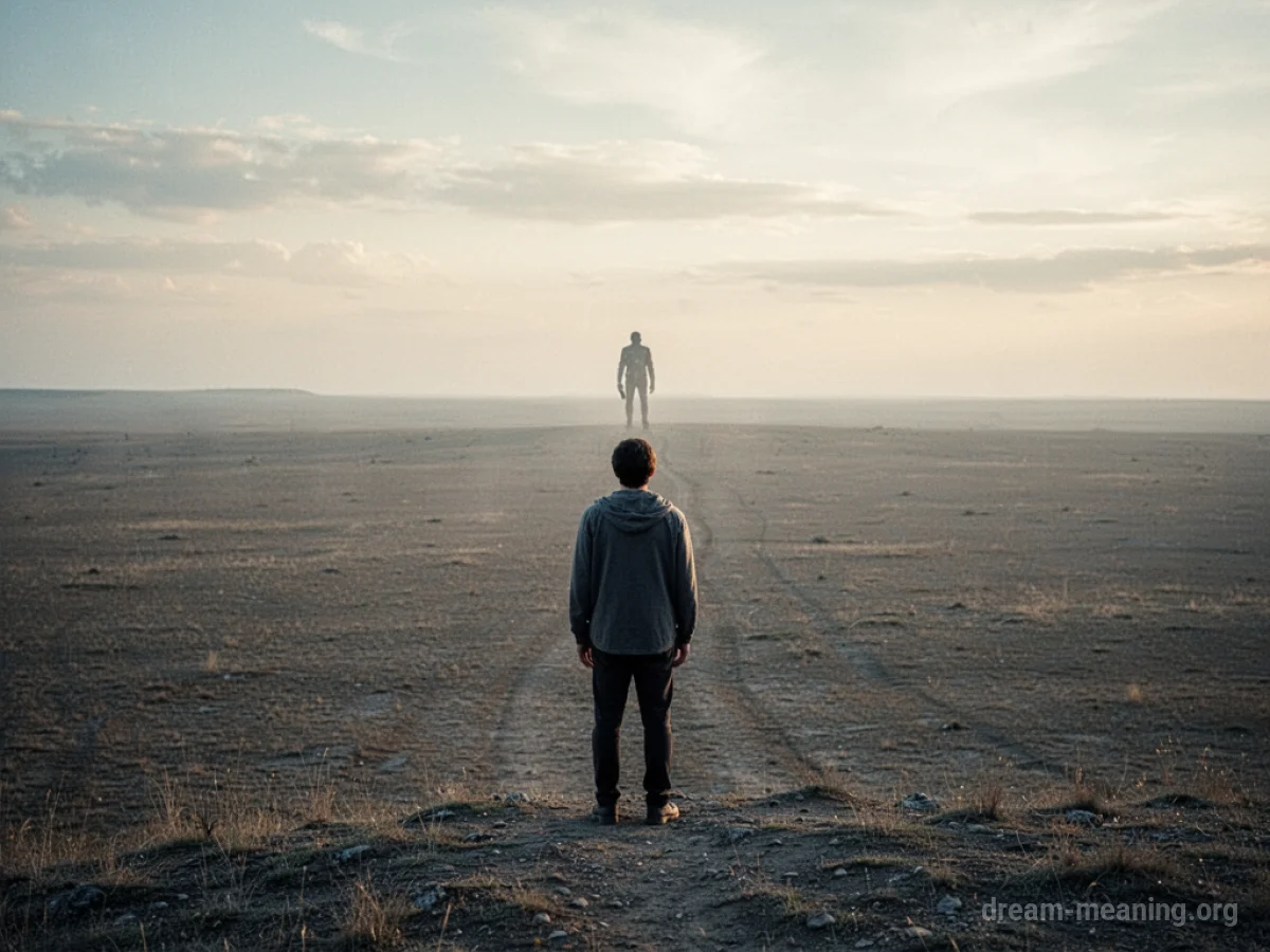 A small silhouette walking away from a larger, lone figure in an empty, desolate landscape.