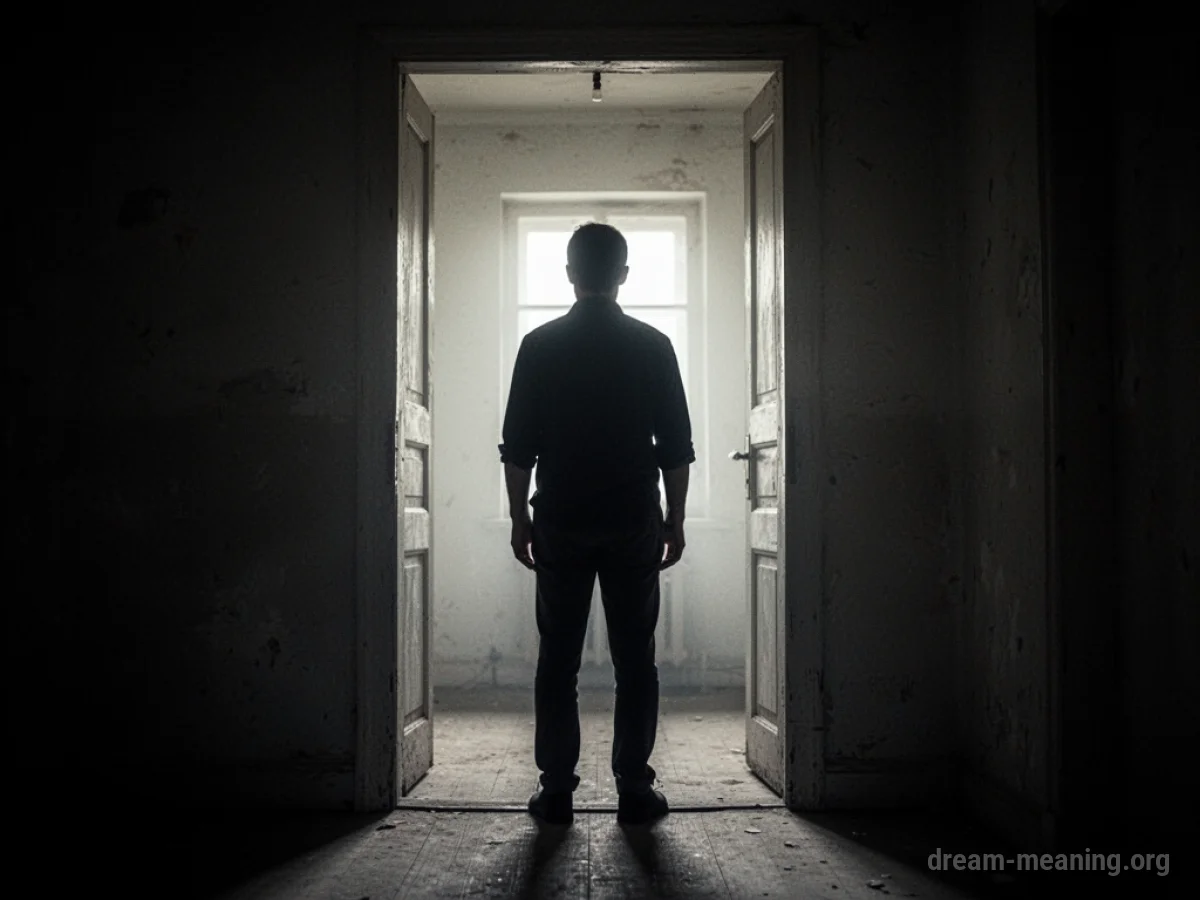 A shadowed figure stands partially obscured by a doorway.