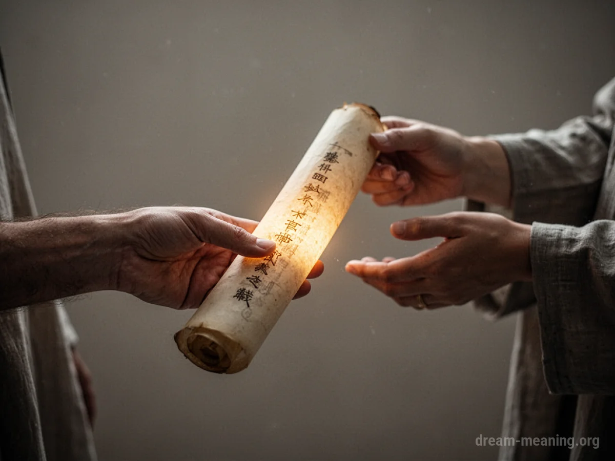 A hand holding out a scroll.