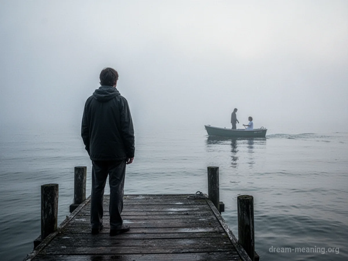 A person stands alone on a dock as a boat with a distant figure sails away.