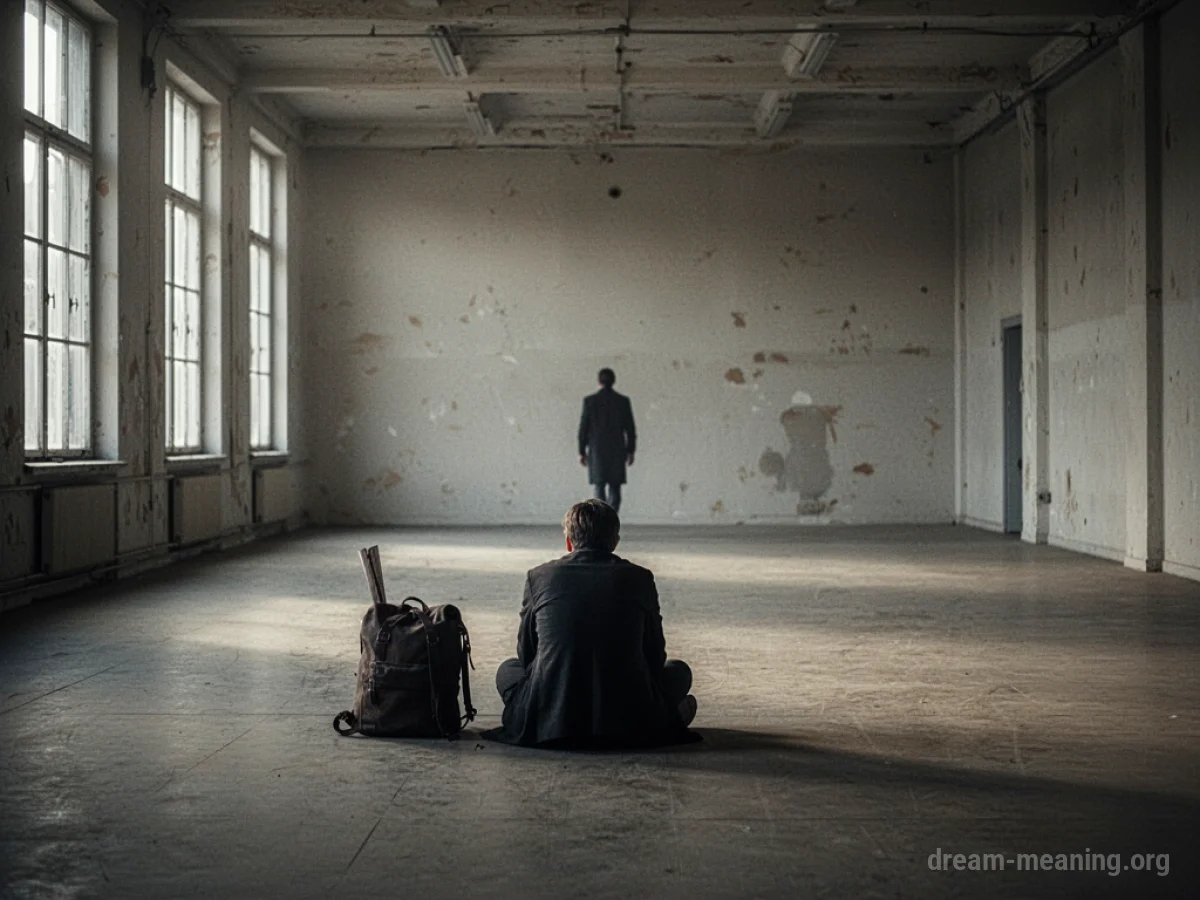 A lone person in an empty room with a fading silhouette.