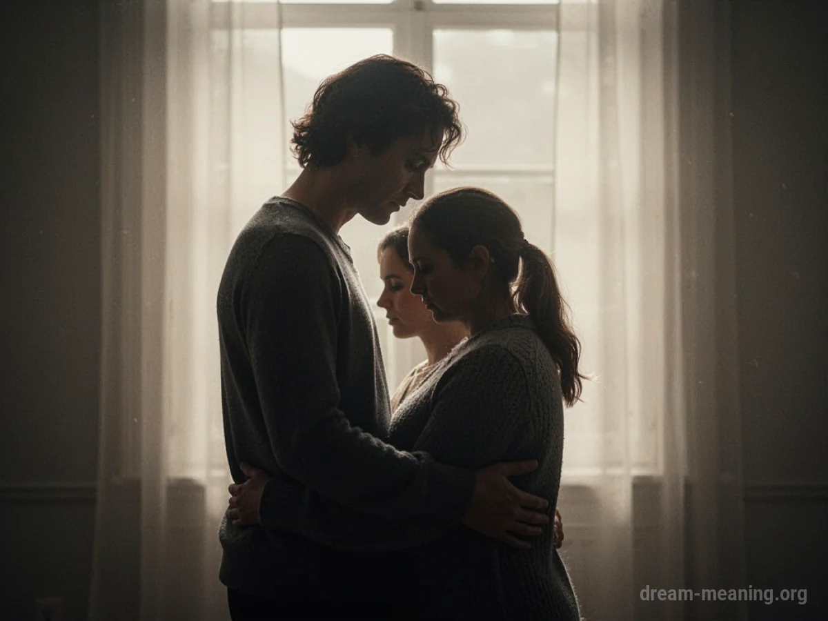A silhouetted figure shielding another person.