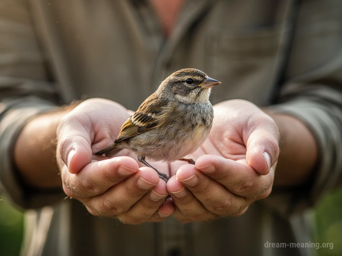 Hands cupping a small bird.