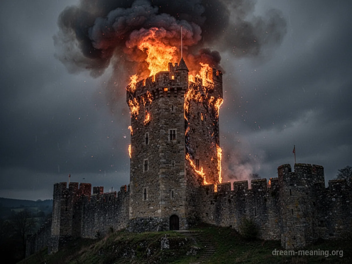 A medieval castle tower with bright orange flames and dark smoke billowing from its upper levels against a twilight sky.