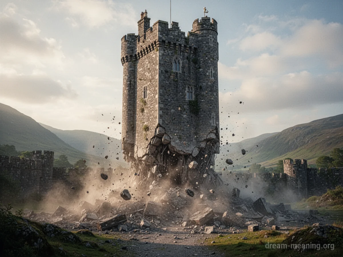 A stone castle tower breaking apart at the foundation.