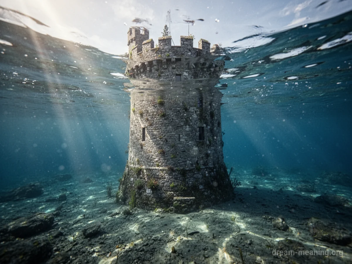 A stone castle tower submerged in blue water.