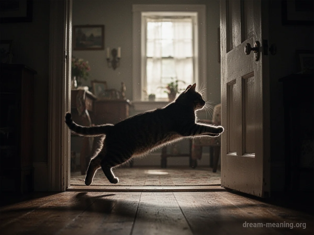 Silhouette of a cat lunging forward inside a house.