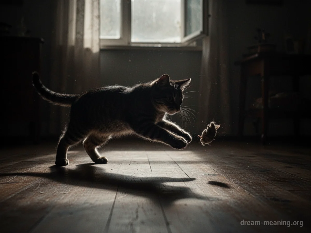 Silhouette of a cat lunging towards a small shape in low light.