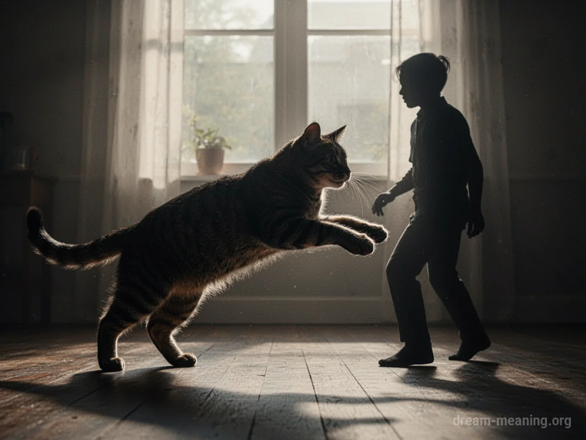 Silhouette of a cat lunging aggressively towards a human silhouette.