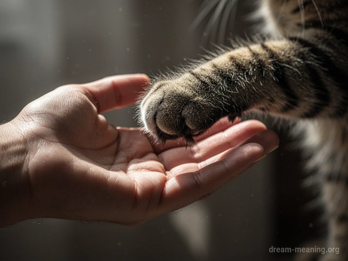 A stylized cat's paw near a human hand.