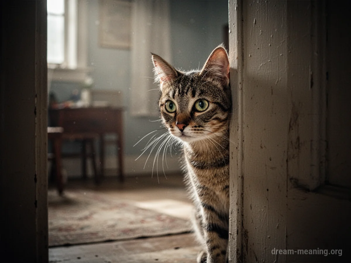 A cat cautiously looks into a new room.