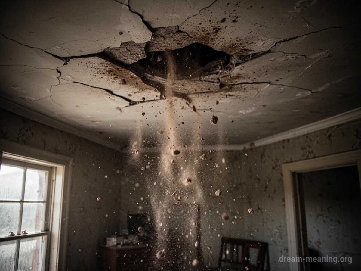 A cracked ceiling with debris falling.