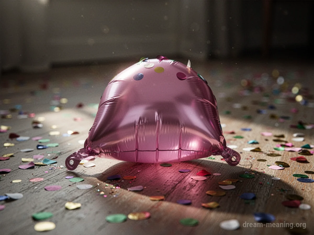 A deflated party balloon and scattered confetti on a floor.