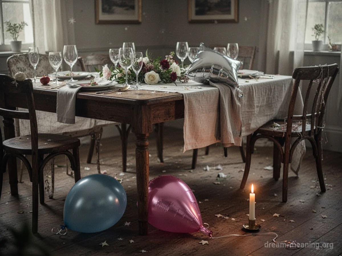 A table set for a celebration with some decorations disturbed and a deflated balloon.