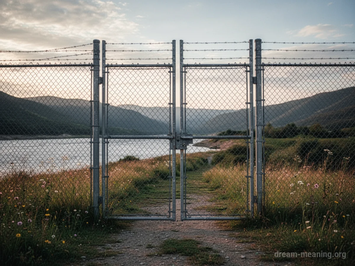 A chain link fence with a closed gate between two areas.