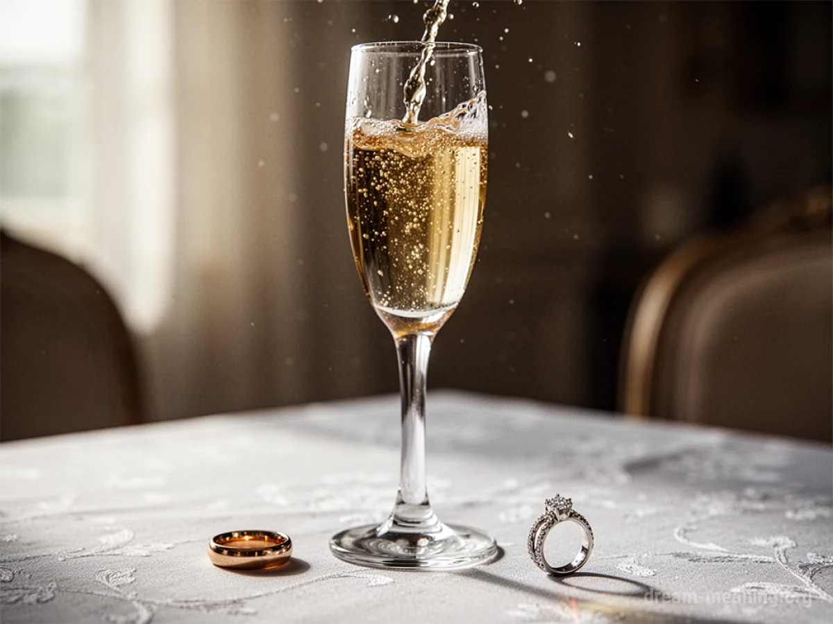 A champagne flute and a wedding ring on a table.