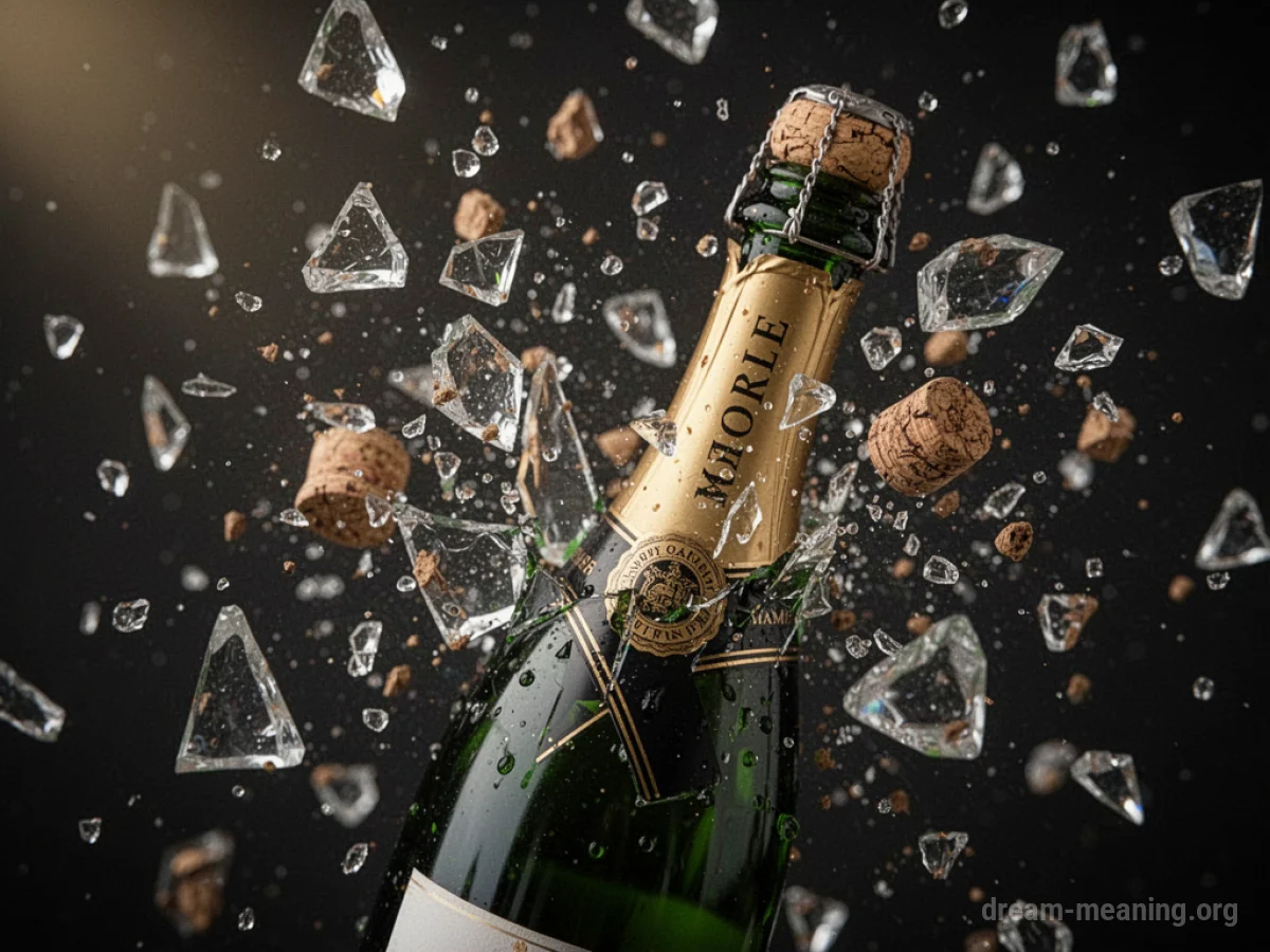 A champagne bottle exploding with cork and glass shards flying outwards.