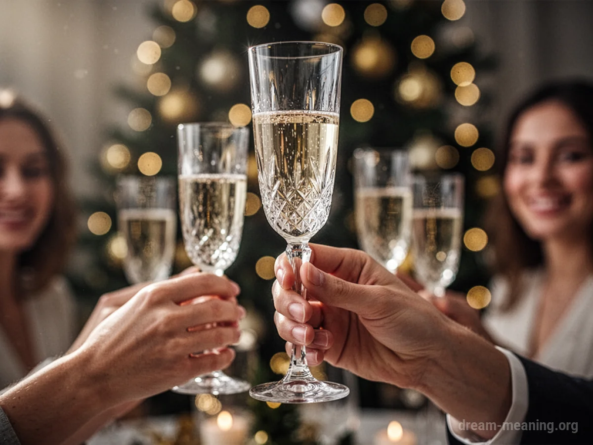 A hand holding a champagne flute aloft for a toast.
