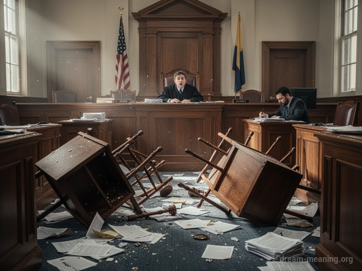 A messy courtroom with papers strewn across the floor and chairs overturned.